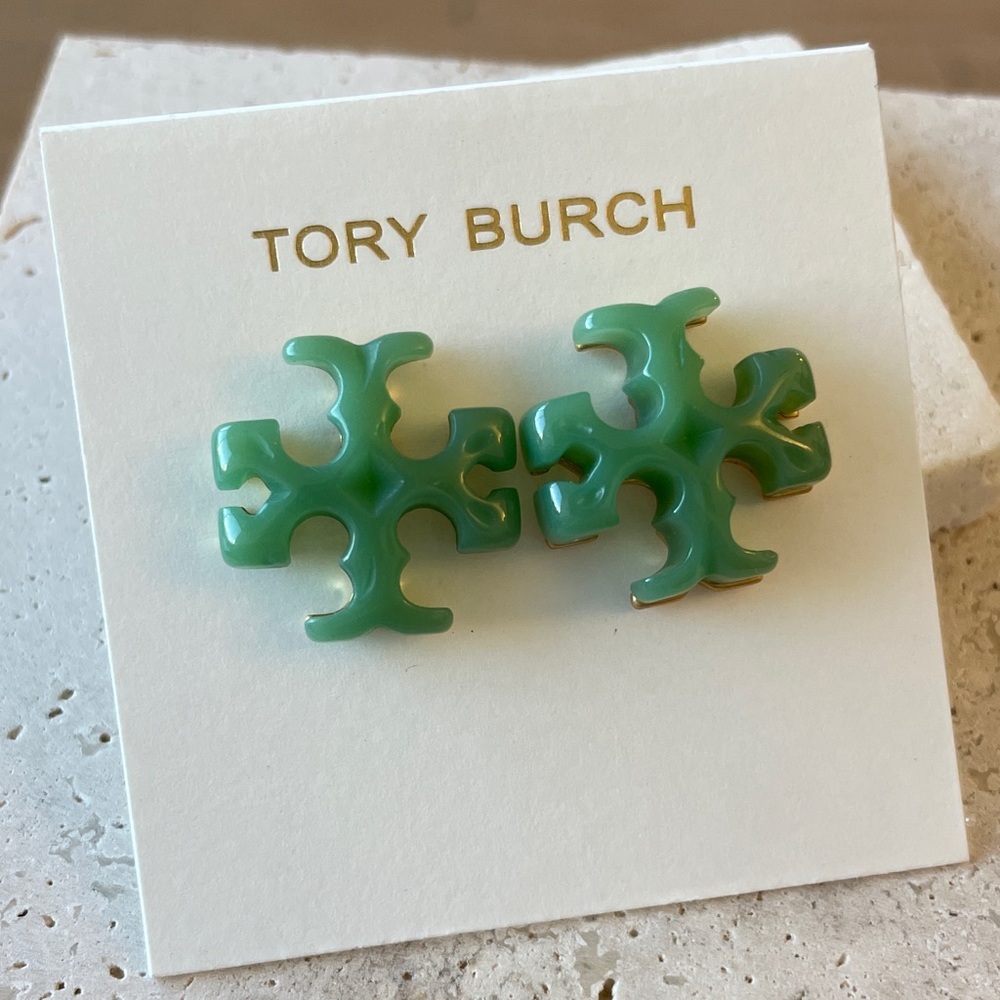 Tory Burch Seafoam Green Oversized Logo Stud Earrings Resin Statement